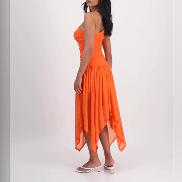 Bar III Women's One-Shoulder Handkerchief-Hem Orange Midi Dress - Picture 2 of 5